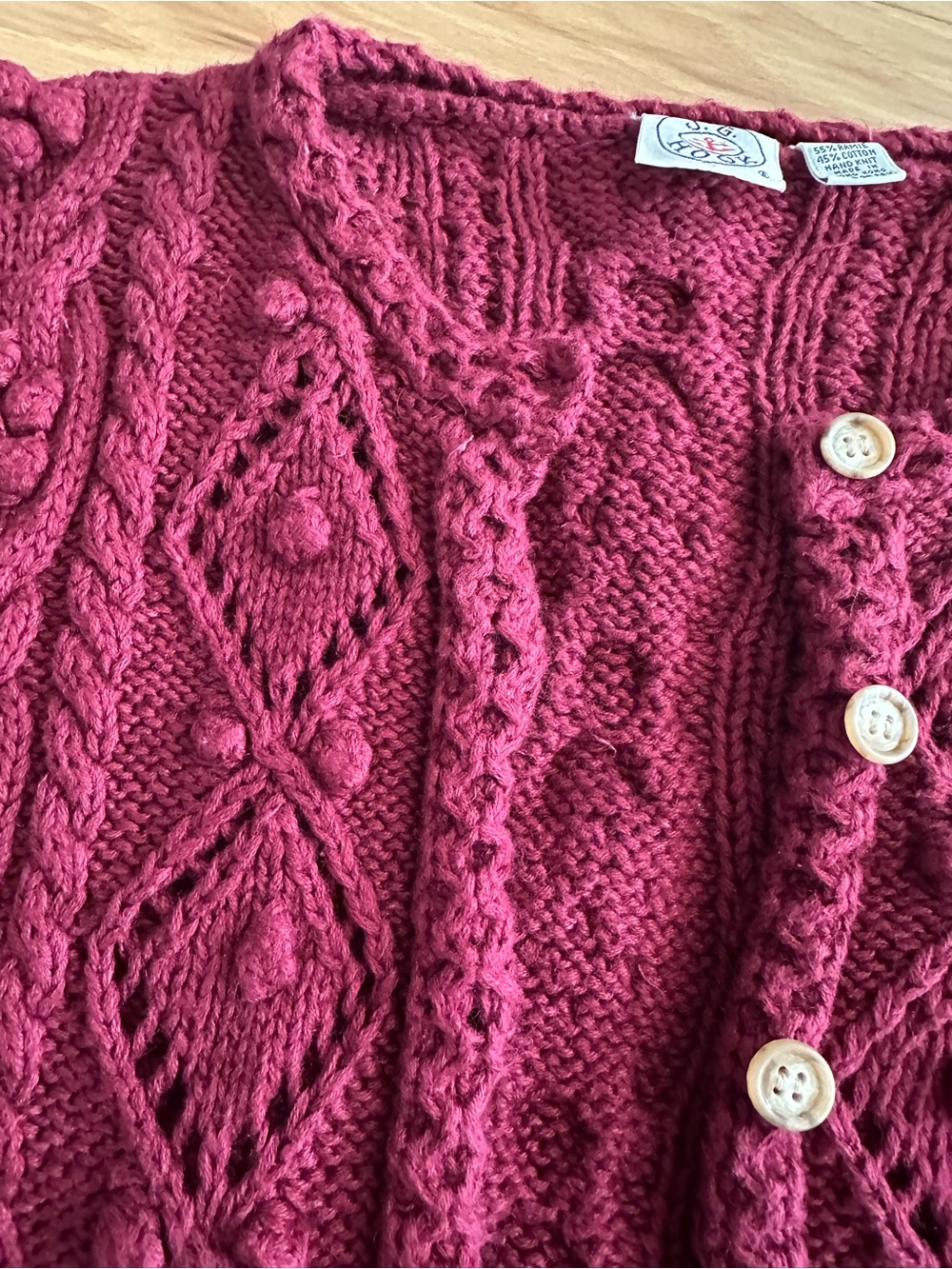 Vintage J.G.Hook Cardigan Sweater- Burgundy Popcorn Knit - Small - Picture 3 of 4